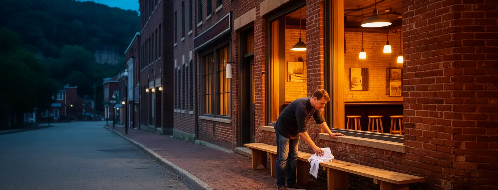A tavern owner wiping down a wooden bench outside his warm-lit corner tavern on a brick river-town street at dusk.